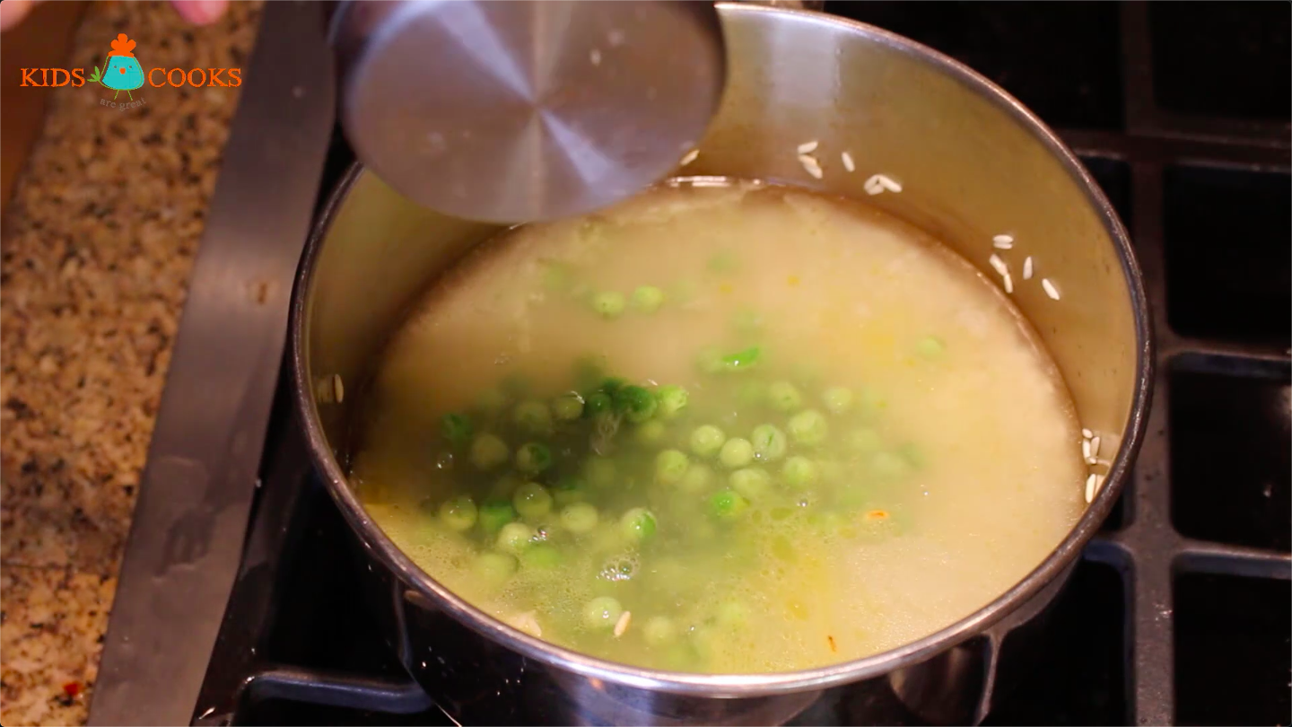 slowly add water and peas